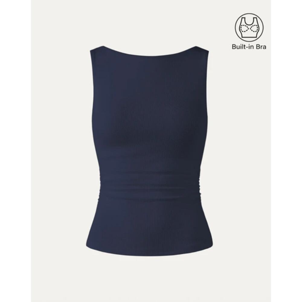 OGL Top Size S NEW Boat Neck Ruched Elastic Open Back Brami Tank Navy Blue - Picture 2 of 15